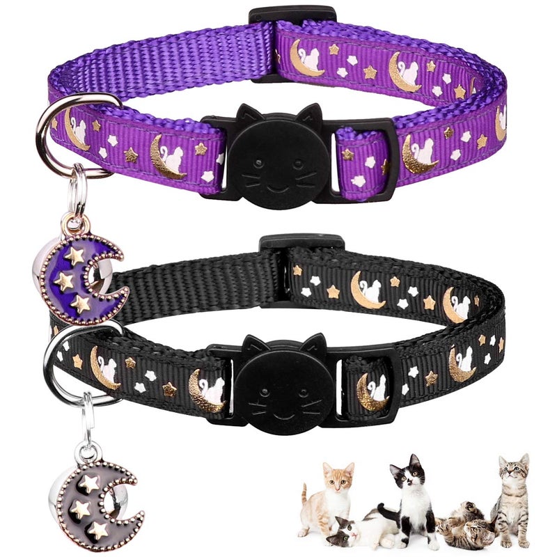 Baeuppit 2Pcs Breakaway Cats Collars Cat Collars for Boy & Girl Cats Moons Adjustable Kitten Collars with Bell & Pendant Glow in The Dark,Purple+Black - Image 1